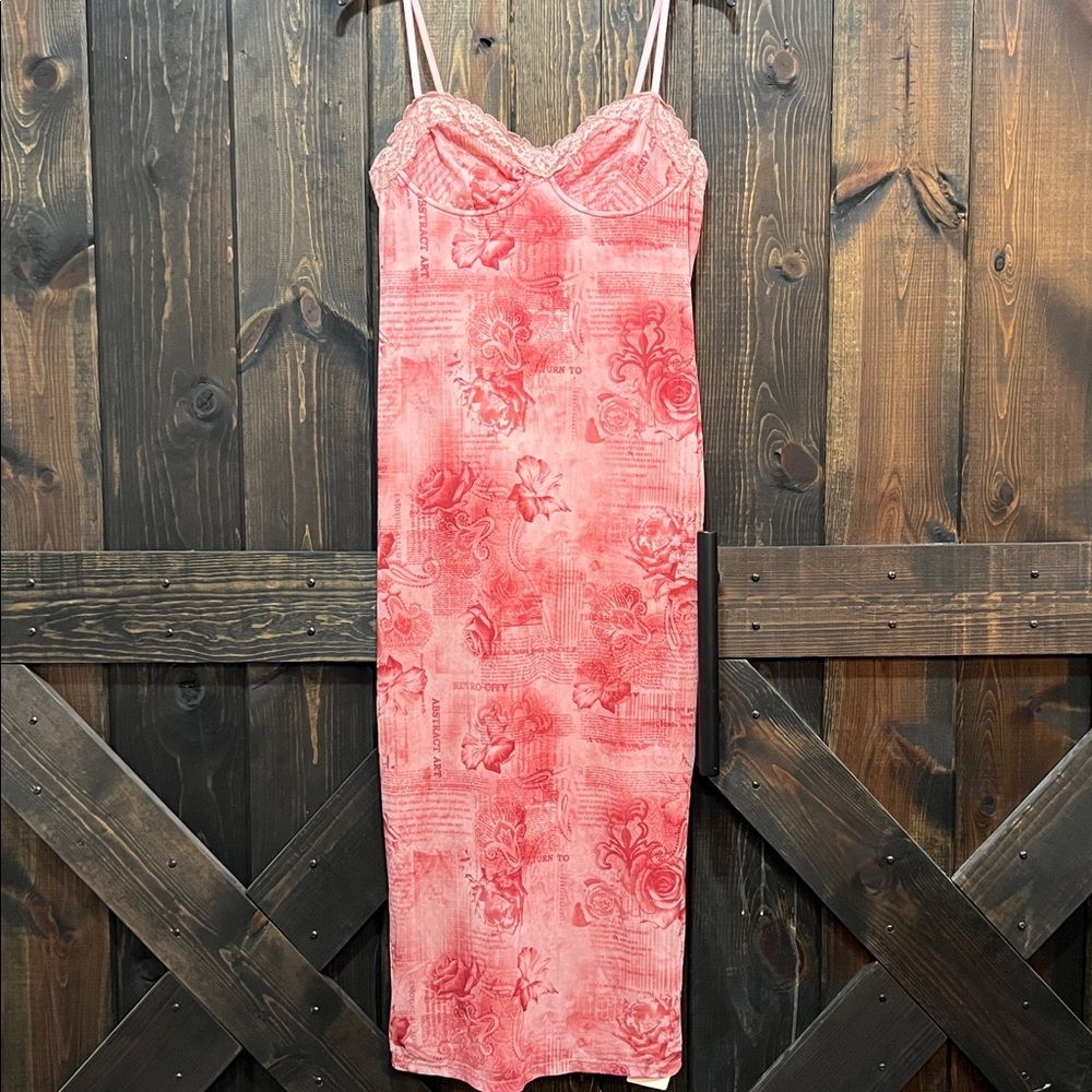 Lace Trim Floral Corset Maxi Dress 1X Pink Sheer Romantic Coquette Y2K Fairy NWT